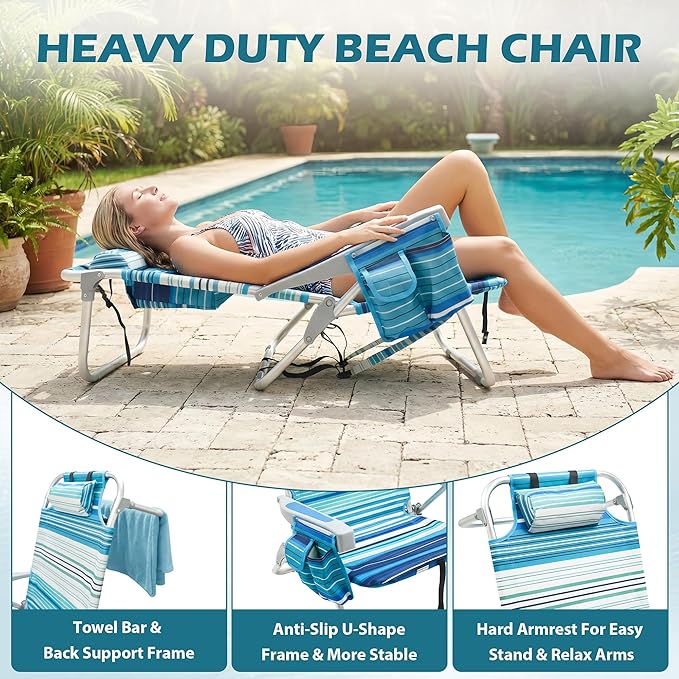 2 Pack Low Beach Chairs for Adults Reclining Adjustable 5 Position Lay Flat Lightweight Folding Portable Aluminum Chair with Backpack StrapsPadded headrest Heavy Duty 300 lbs Lawn Chair