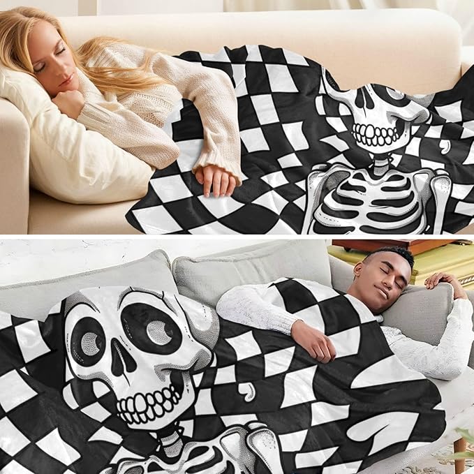 Black-and-White Checkered Cartoon Skeleton Lightweight Fuzzy Comfy Throws for Living Room Couch Throw Blanket Soft for Couch Sofa BedParty 50 x 70