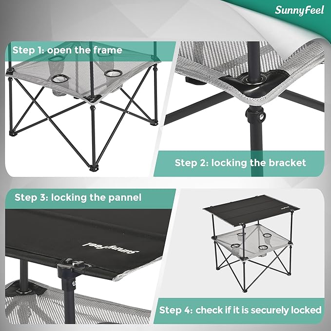 SUNNYFEEL Folding Camping Table- Collapsible Portable Beach Table with 4 Cup Holders &amp Carry Bags Tailgate Table for Outdoor Excursion Picnic Hiking Fishing Travel Parties Black