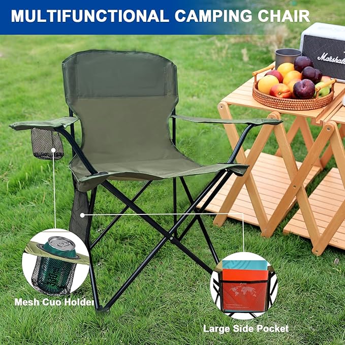 Folding Camping Collapsible Chairs Heavy Duty Lawn Chair with Cooler Bag Storage Pocket Waterproof Bag Outdoor Arm Chair Supports 225LBS Green