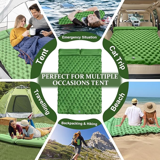 Double Sleeping Pad: Self Inflating Camping Pad Mattress for Backpacking &amp Outdoor Trips | 4 Thick for Ultimate Comfort | Lightweight &amp Compact | Sleeping Mats for Beachs Hiking &amp Car Tr