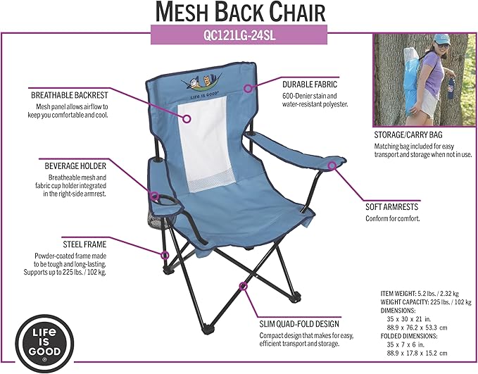 Life is Good Mesh Back Quad Chair Portable Outdoor Folding Chair with Carry Bag for Beach Sports Tailgates Camping Fishing