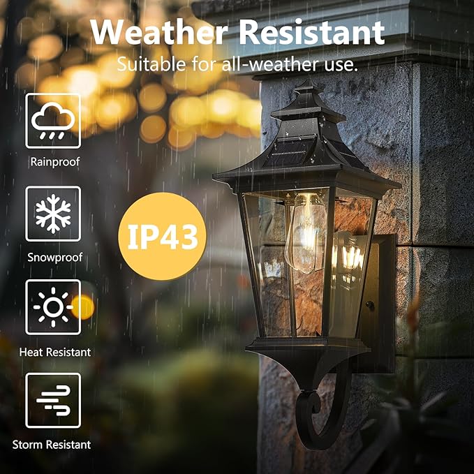 Emliviar Solar Exterior Front Porch Light with Remote Control 3 Lighting Modes Waterproof Solar Wall Lantern Auto On/Off Black Outside Light with Clear Glass 500181-SL BK