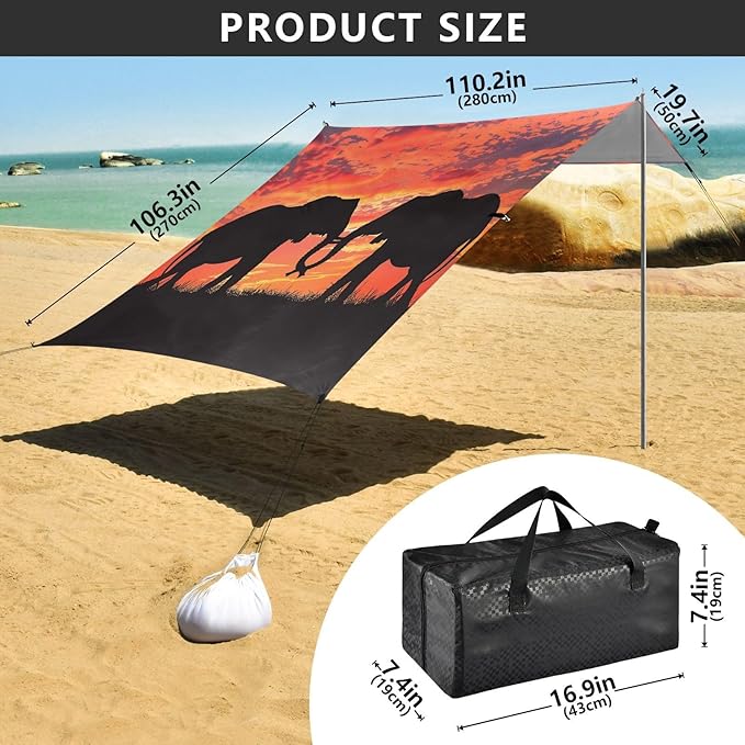 ALAZA Couple Elephant Sunset Beach Tent Sun Shelter UPF50+ Protection Beach Shade Canopy w/ 4 Sandbags for Outdoor Camping Fishing Backyard Fun Picnic 10x9 ft