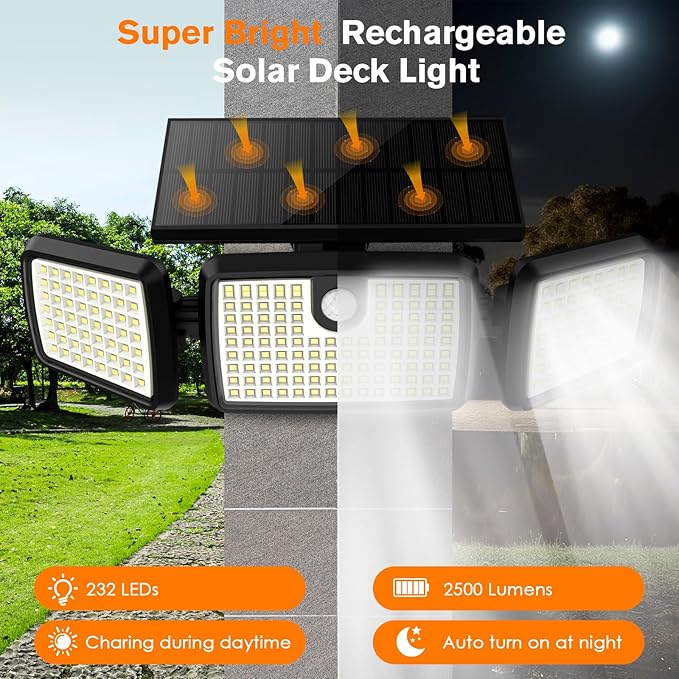 Solar Lights Outdoor 3 Head Solar Motion Lights Outdoor with 2500LM High Brightness Built-in Bigger Tempered Glass Solar Panel Sensitive PIR Motion Inductor(3-Pack)