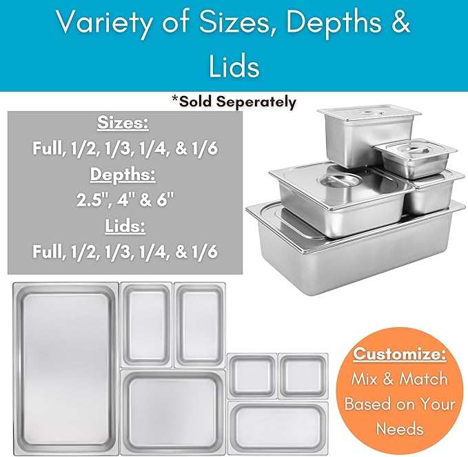 BIRDROCK HOME Stainless Steel Steam Table Pan - Hotel Restaurant &amp Catering Supplies - 24 Gauge Steel 1.8 qt Capacity - Meal Prep Cooking &amp Food Storage Container - 4 Depth 1/6-Size (6 P