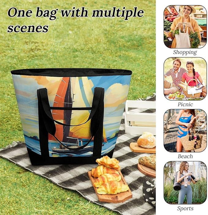 Insulated Shopping BagLarge Reusable Cooler Bags Colorful Sail Boat Printed Foldable Shopping BagTravel Waterproof Shoulder Bag