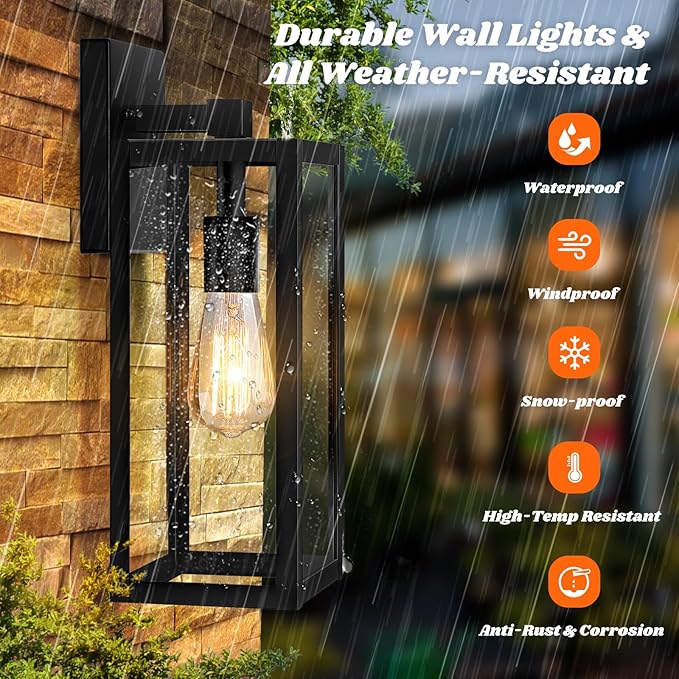 Brightever 2-Pack Outdoor Wall Light Exterior Waterproof Wall Sconce Light Fixtures 15 Black Outdoor Wall Lamp with Clear Glass for House Porch Front Door Garage Patio Bulbs Not Included