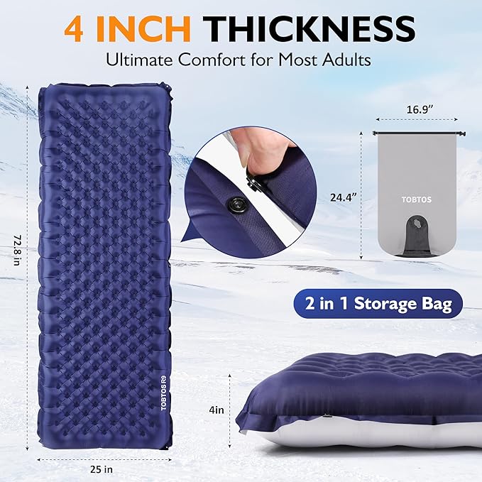 TOBTOS Camping Sleeping Pad with 9.0 R-Value 4 Thick Inflatable Camping Mattress for All Season Compact Insulated Sleeping Mat for Backpacking &amp Hiking (Rectangular)