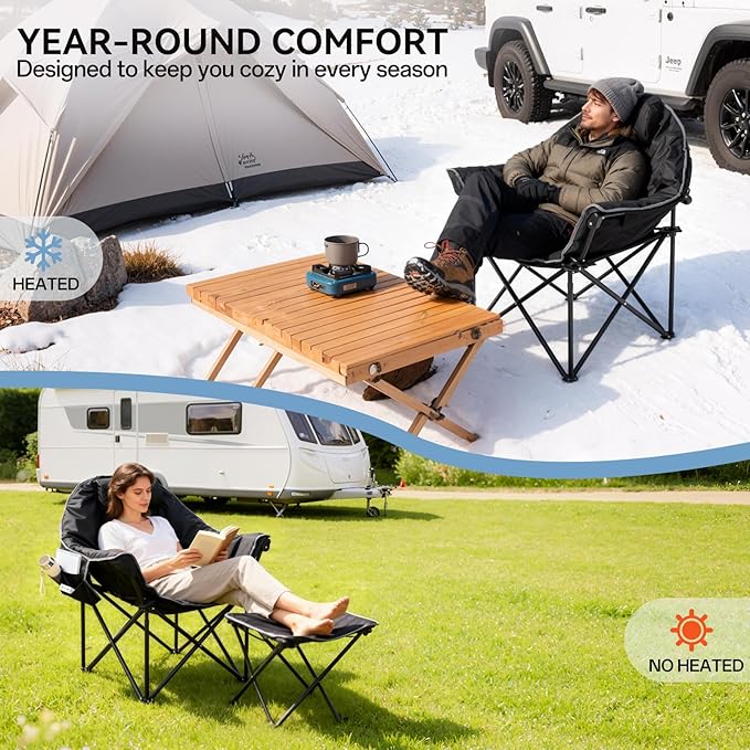 Oversized Heated Camping Chair Folding Heated Outdoor Chair with Back &amp Seat Heating Heavy Duty Support 400 lbs Portable Heated Camp Chair for PatioTailgating Picnic Battery NOT Included Bl