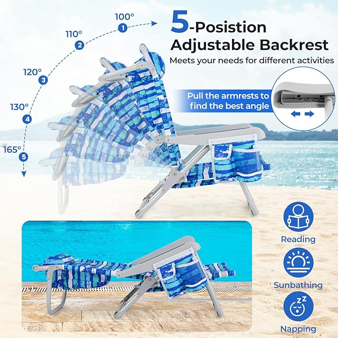 Giantex 2-Pack Backpack Beach Chair - Foldable Camping Chair with 5 Adjustable Position Cup Holder Storage Pockets Straps Towel Rack Pillow Lay Flat Lawn Chair for Patio Outdoor Blue Stripe