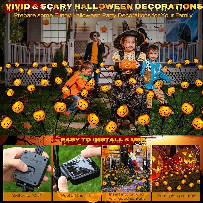 Halloween Decorations Outdoor 4 Pack Solar Lights 24 LED Scary Pumpkin Swaying Firefly Lights with Spider &amp Bats for Outside Garden Yard Lawn Grave Cemetery Ghost Decor Party Orange