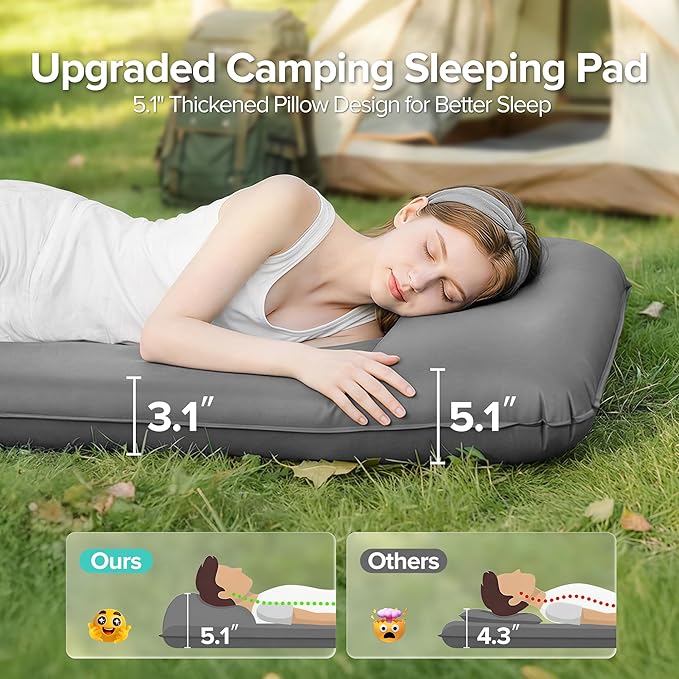 Self-Inflating Sleeping Pad for Camping 3.1 Ultra-Thick Outdoor Camping Mat with Pillow &amp 9.5 R-Value Insulated All-Season Foam Sleeping Pad for Camping Travel Tent Car (Gray)