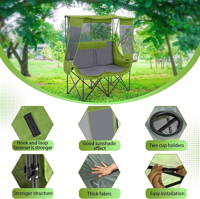 Double Camping Chair with Canopy Shade 660lbs Heavy Duty Beach Chair Portable Folding 2 Person Camping Loveseat with Cup Holder and Storage Bag for Lawn Beach Outdoor Sport(Geen and Grey)