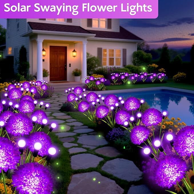 Solar Garden Lights 4 Pack Solar Purple Swaying Firefly Lights with Flowers Waterproof Purple Halloween Flowers Light Outdoor for Garden Patio Yard Fall Decoration Gifts for Women Mother's Day