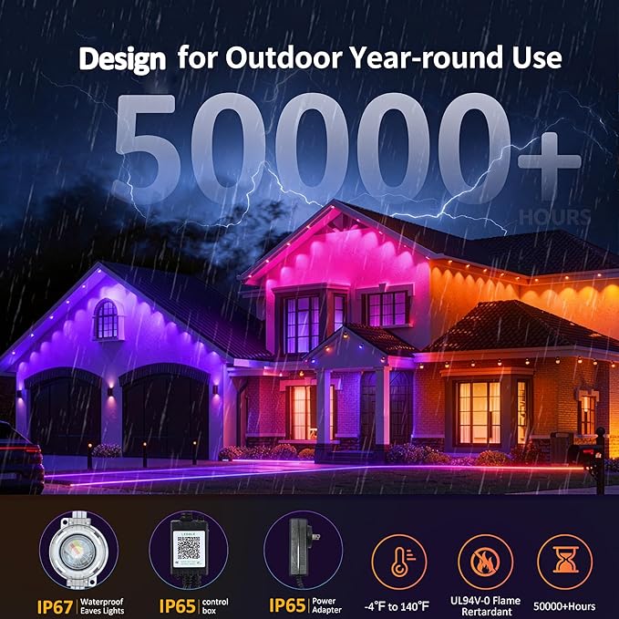 50FT RGB Permanent Outdoor Lights LED String Lights with APP &amp Remote Control IP67 Waterproof Multicolor Eaves Lights for Christmas Halloween Party Garden House Decor Rope Lights