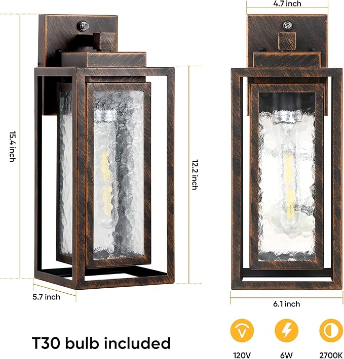 Dusk to Dawn Outdoor Wall Lantern Water Ripple Exterior Porch Light Fixture Black Gold 2 Pack Sensor Outside Lantern Lamp Porch Mount Lamp for Doorway Waterproof Wall Sconce Light (Bulb Included)