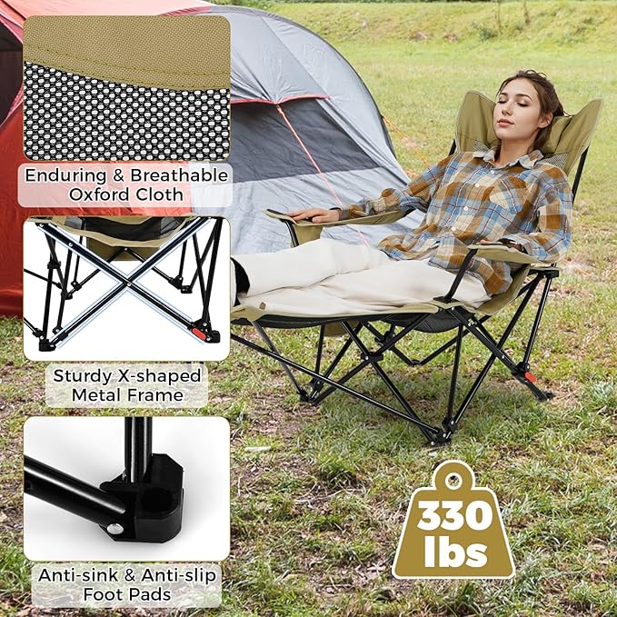 Goplus Reclining Camping Chair with Foot Rest Folding Lounge Chair for Adults w/Adjustable Backrest Storage Bag &amp Cup Holder Portable Recliner Beach Chair Outdoor Camp Picnics 330 LBS (1 Kha