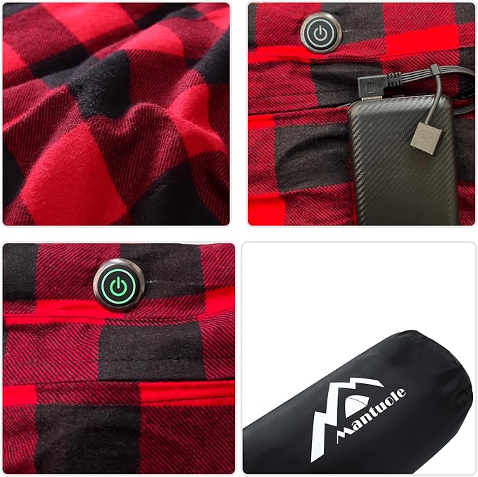 Heated Sleeping Bag pad Operated by 5V/2A USB Power Supply (Battery NOT Included). Black &amp Red Flannel.