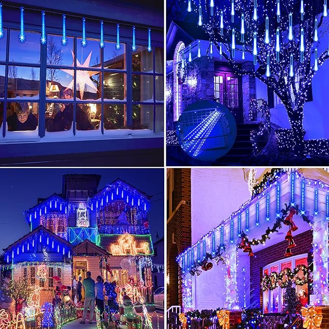 Christmas Lights Outdoors 32 Tubes(Equivalent to 4 Sets of 8-Tubes) Meteor Shower Rain Lights - Blue lcicle Christmas Light Outdoor for Xmas Tree Wedding Party Holiday House Yard Decor UL Plug