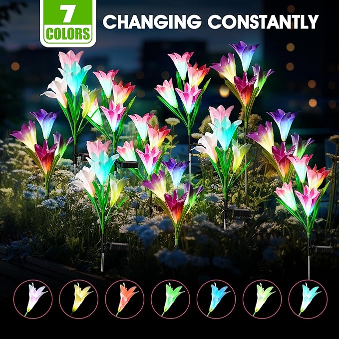 6 Pack Solar Garden Lights Outdoor 7 Color Changing LED Waterproof Solar Powered Lily Flowers Landscape Lights for Outside Yard Patio Pathway Decorative Décor