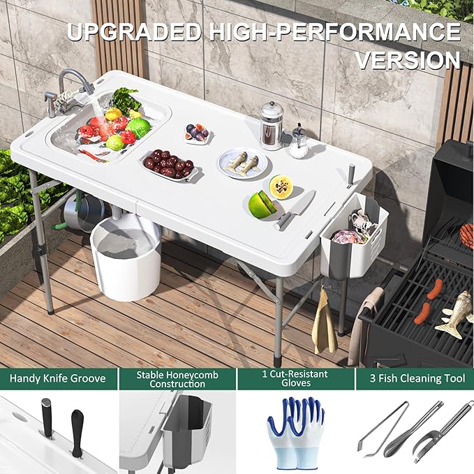 Folding Fish Cleaning Table with Sink 50x27 Bi-Folding Portable Camping Sink Station with Drain Hose Trash Can Gloves and Cleaning Kits Foldable Outdoor Sink for Camping Fishing BBQ