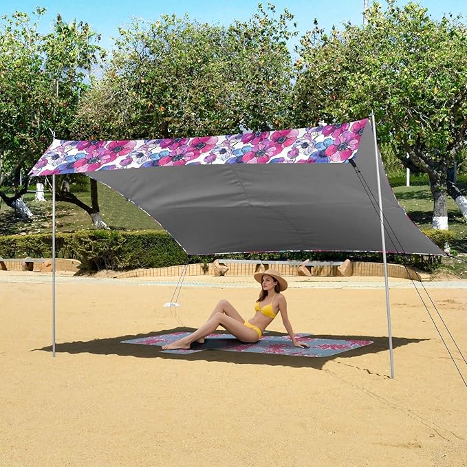 ALAZA Anemone Flower Pink &amp Purple Beach Tent Sun Shelter UPF50+ Protection Beach Shade Canopy w/ 4 Sandbags for Outdoor Camping Fishing Backyard Fun Picnic 10x9 ft