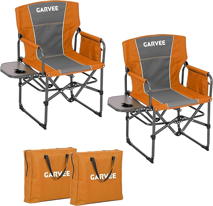 GarveeLife Oversized Directors Camping Chair Portable Folding Chair for Adults Support 400 lbs Heavy Duty Lawn Chair with Side Table for Camping Sports Picnic Beach Fishing (2 PCS Orange)