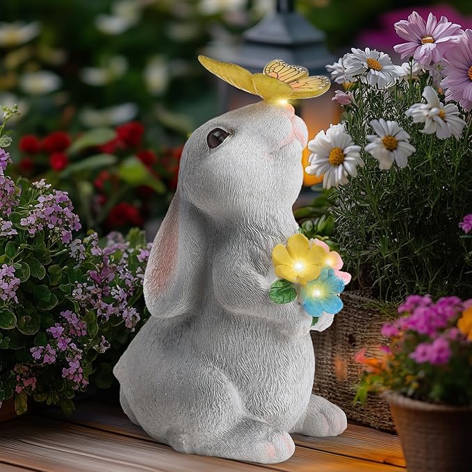 Solar Garden Decor Bunny with Flowers Statues Outdoor Outdoor Figurine Statue Lights Outdoor Garden Yard Lawn Patio Decoration Unique House Warming Birthday Present for Women Family