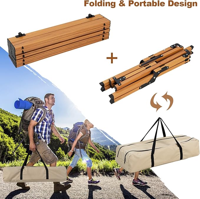 COSTWAY Folding Picnic Table Roll-Up Aluminum Camping Table with Wood Grain Portable Low Height Beach Table with Carry Bag for Camping Picnic BBQ &amp Hiking Easy Assembly Natural (47” x 23” x
