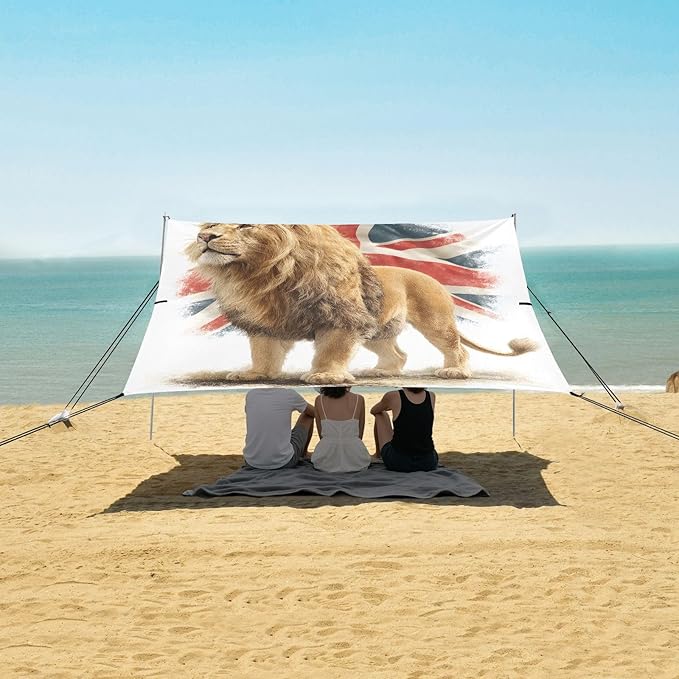 ALAZA Lion British Flag Beach Tent Sun Shelter UPF50+ Protection Beach Shade Canopy w/ 4 Sandbags for Outdoor Camping Fishing Backyard Fun Picnic 10x9 ft