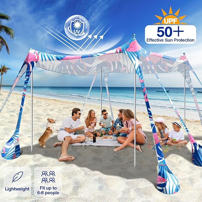 Rhino Valley Beach Tent Shade Canopy UPF50+ Protection 8 Sandbags 4 Stability Poles Outdoor Sun Shelter Umbrella for Sand Camping Fishing Essentials