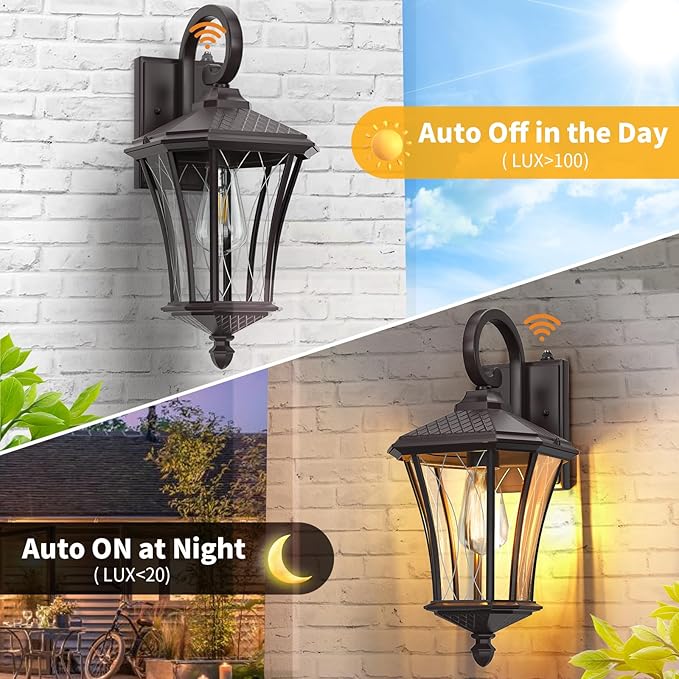 YSN 2 Pack Dusk to Dawn Outdoor Light Fixture Wall Mount Porch Lights Weather Resistant Exterior Sconce Light Waterproof Wall Lantern for Porch Garage Backyard Walkway E26 Socket Brown