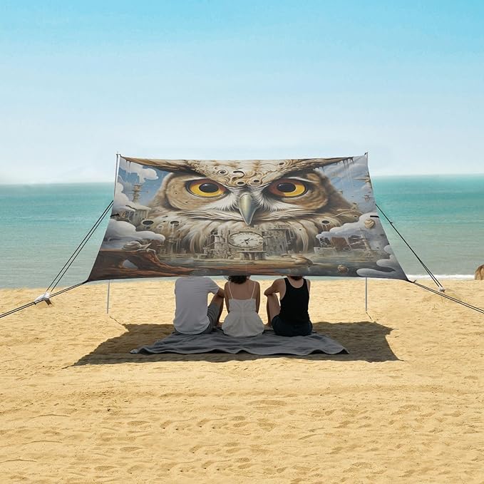 Beach Tent Sun Shelter Surrealism Owl House Clock Lightweight &amp Easy Setup Beach Shade Canopy for Camping Fishing