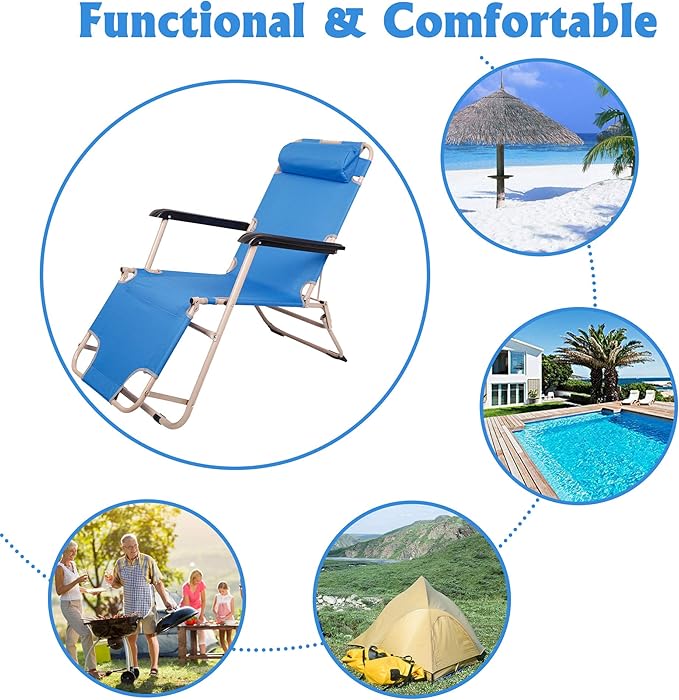 LUCKYERMORE 4 Pack Beach Outdoor Lounge Chairs Tanning Lounge Chair and Full Flat Cot 2 in 1 Folding Reclining Chairs for Outdoor Lawn Beach Pool Camping 60 L x 19 W Blue