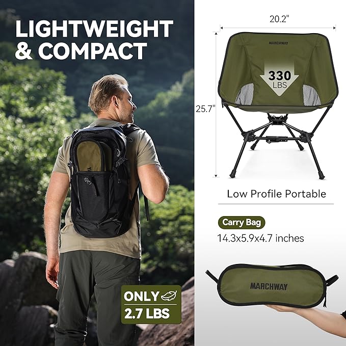 MARCHWAY Lightweight Folding Camping Chair with Spring Lock Stable Compact Portable for Outdoor Camp Travel Beach Picnic Festival Hiking Backpacking (Lowback Green)