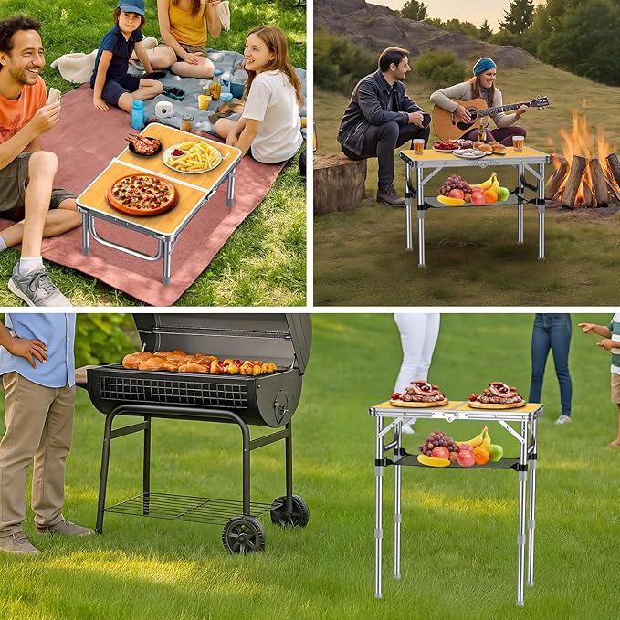 Anbte 2ft Camping Table Foldable 3 Adjustable Heights High 27.5 Aluminum Small Folding Table with Carrying Handle Portable for Outdoor Indoor Picnic Beach BBQ Travel 24 x 16 Light Oak Grain