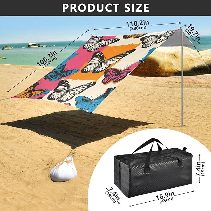 Beach Tent Sun Shelter Butterflies Colorful Squares Lightweight &amp Easy Setup Beach Shade Canopy for Camping Fishing