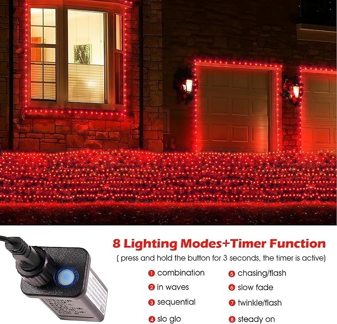 BlcTec Outdoor Christmas Lights 360 LED 9.8ft x 6.6ft Christmas Net Lights with 8 Modes UL Certified Timer Connectable Waterproof for Trees Bushes Shrubs Yard Outdoor Xmas Decorations Red