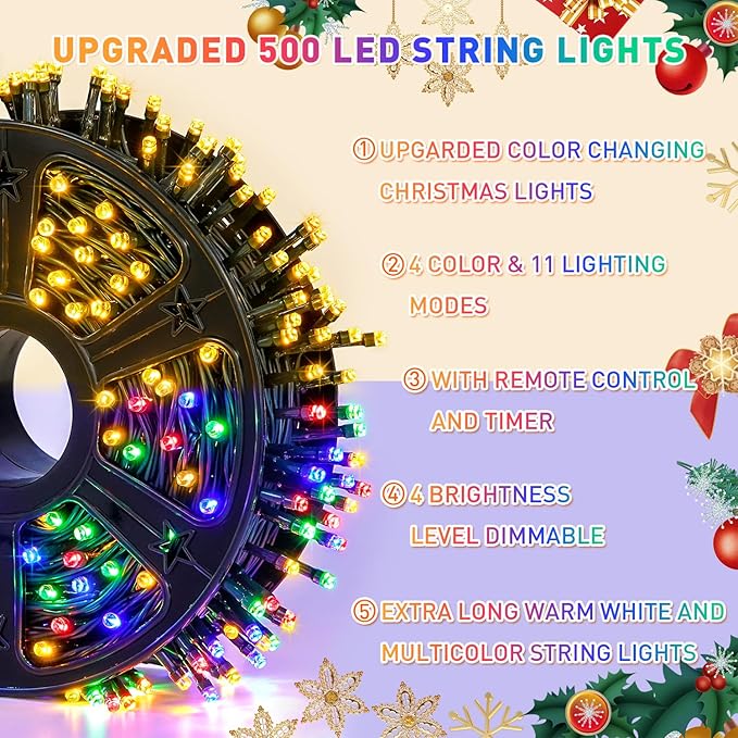 JMEXSUSS 500 LED Color Changing Christmas Lights 173ft Warm White &amp Multicolor String Lights with Remote Outdoor Waterproof Christmas Tree Lights Plug in for Party Christmas Indoor Decor