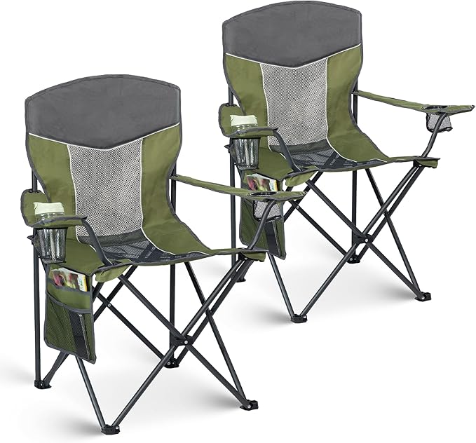 Outdoor Camping Chair 2-Pack with Mesh Back Folding Portable Lawn Chairs with Cup Holder &amp Side Storage Pocket for Camping Beach Picnic Fishing(Green)