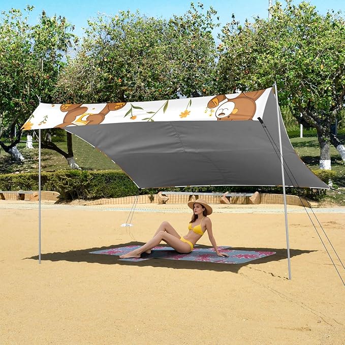 Cute Teddy Bear Camping Sun Shelter Beach Tent Portable Beach Sun Shade Outdoor Canopy for Camping Trips Fishing Picnic