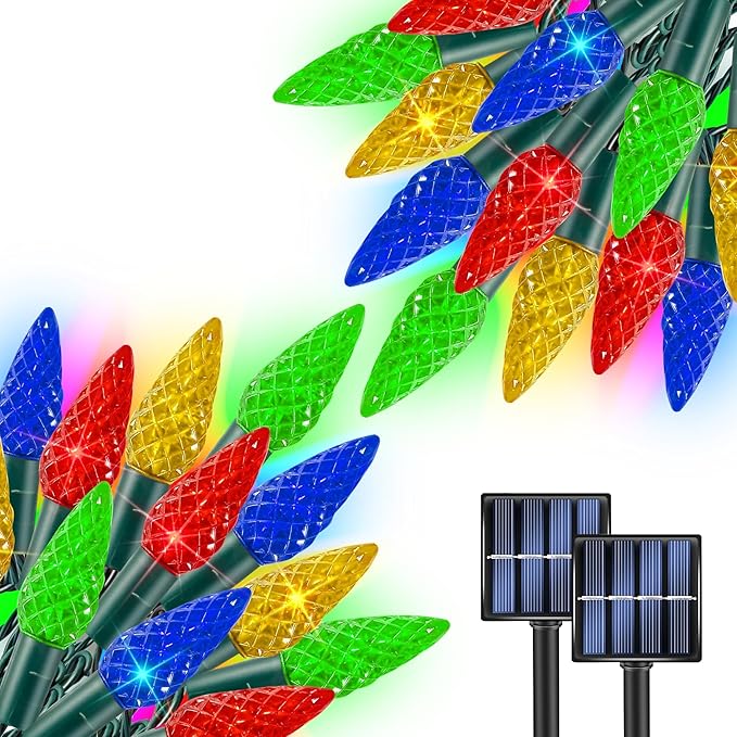 TW SHINE Solar C6 Christmas Lights Outdoor 2 Pack 32FT 100 LED Solar Powered Christmas String Lights with 8 Modes Waterproof Xmas Lights for Outside Tree Holiday Yard Decorations Multi-Colored
