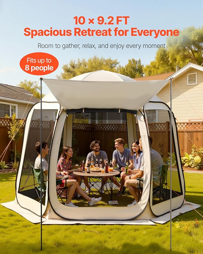 Pop Up Screen House Tent VEVOR 10 x 9.2 FT Pop-Up Screen Room with Awning Portable Screen Tent Gazebo for 4–8 Person Instant Screen Canopy with Carry Bag for Patio Backyard Camping