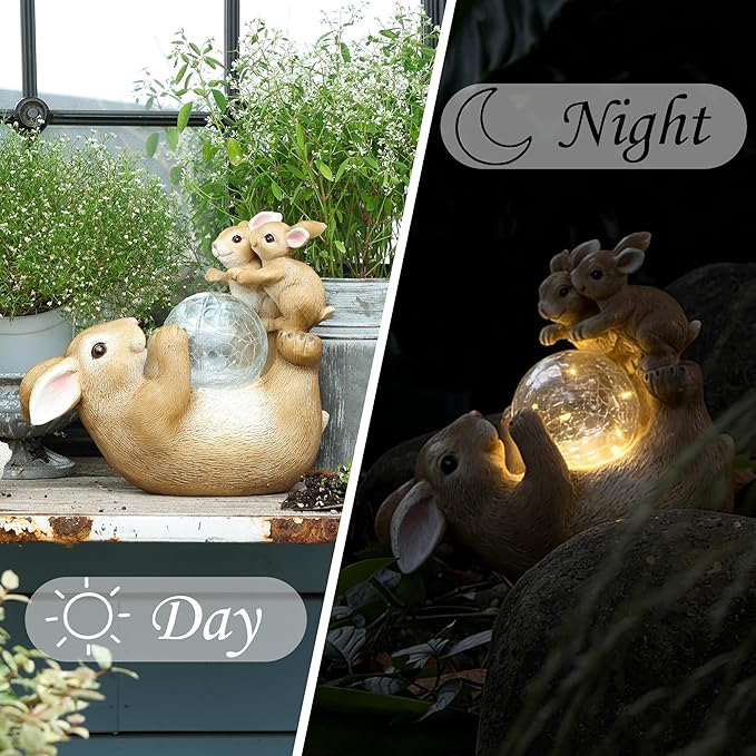 Solar Bunny Lamp Playing with Ball 10x5x9 Inch Outdoor Easter Rabbit Decor Whimsical Garden Statue for Lawn Backyard &amp Night Landscape Easter Bunny Figurine Night Light