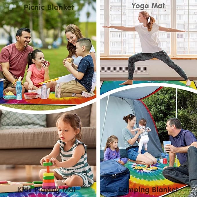 Extra Large Picnic Blankets Waterproof Foldable (80 x 80) Beach Blanket Waterproof Sandproof3-Layer Thicking Mat Outdoor Packable Camping Blanket(tie-dye)