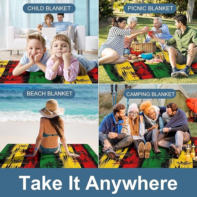 Marijuana Leaves Rasta Lion Cannabis Waterproof Outdoor Picnic Blanket Sandproof Beach Mat for Camping Hiking Grass Travelling