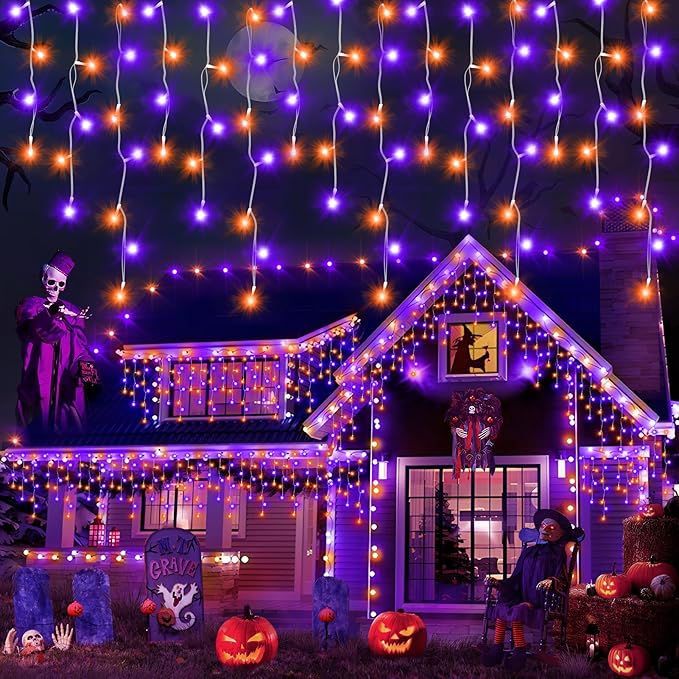 Heceltt 131FT 1280LED Halloween Lights DecorationOrange Purple Led String Lights Outdoor with 240 Drops8 Lighting ModesTimer Memory Function for Halloween Night Party Fence Yard Roof Decor