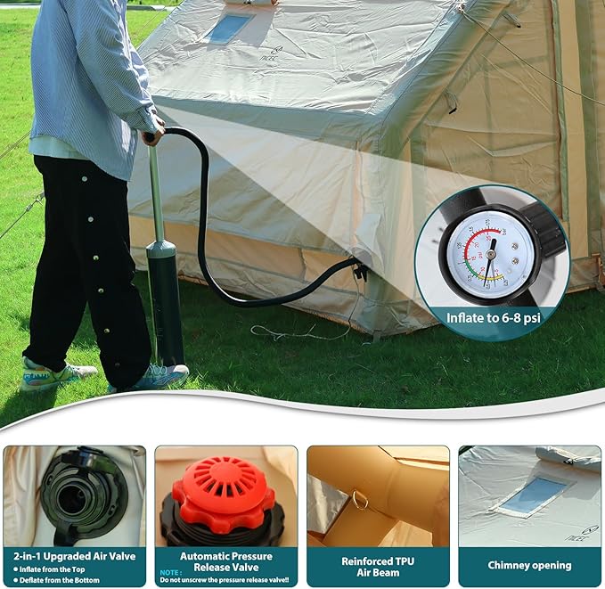 Nice C Inflatable Tent for Camping Glamping Tent for Adults Blow Up Tents with Air Pump 2-in-1 Air Valve Chimney Opening Waterproof Windproof Easy Set Up