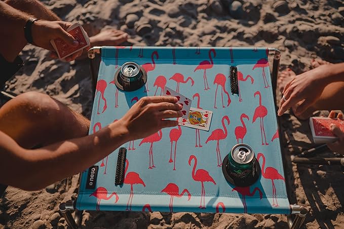 Neso Beach Table - Lightweight Portable and Foldable Table for Beach Camping and Outdoor Adventures - Stable Surface - with Cup Holder for Drinks and Phone Pockets - Flamingos